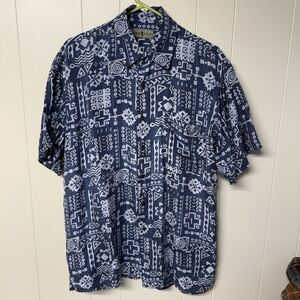 Vtg Robert Stock 100% Silk Shirt Short Sleeve Button Up Abstract Geo AOP Men M